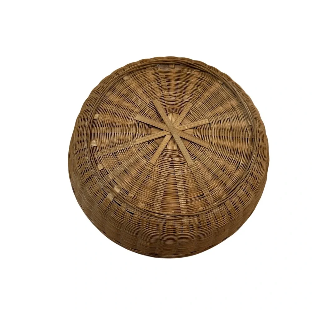 Vintage Handmade Round Woven Wicker Basket Lid Natural Brown Boho Storage 9.5in